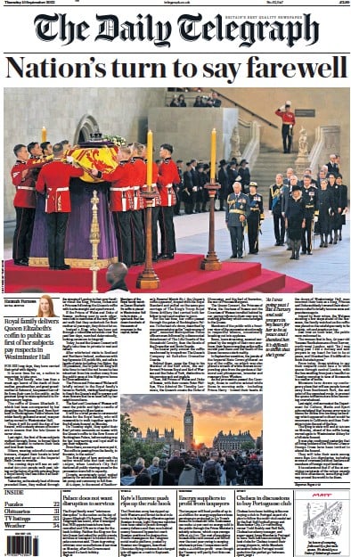 The Daily Telegraph (UK) Newspaper Front Page for 15 September 2022