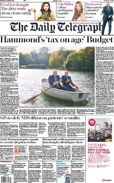 The Daily Telegraph Newspaper Front Page for 16 October 2017
