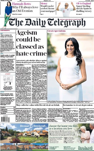 The Daily Telegraph (UK) Newspaper Front Page for 16 October 2018