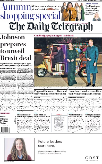 The Daily Telegraph Newspaper Front Page for 16 October 2019