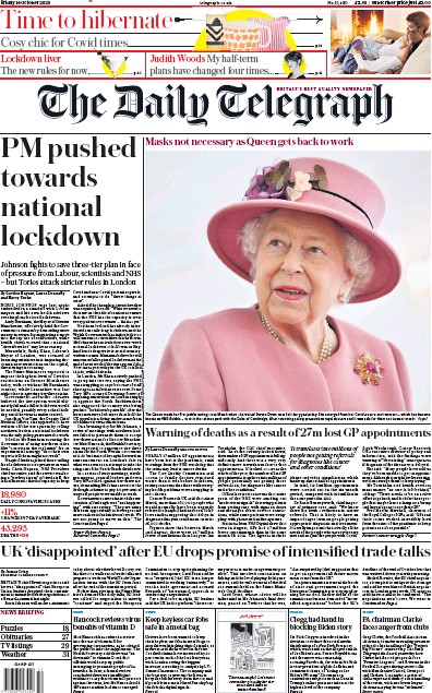 The Daily Telegraph Newspaper Front Page for 16 October 2020