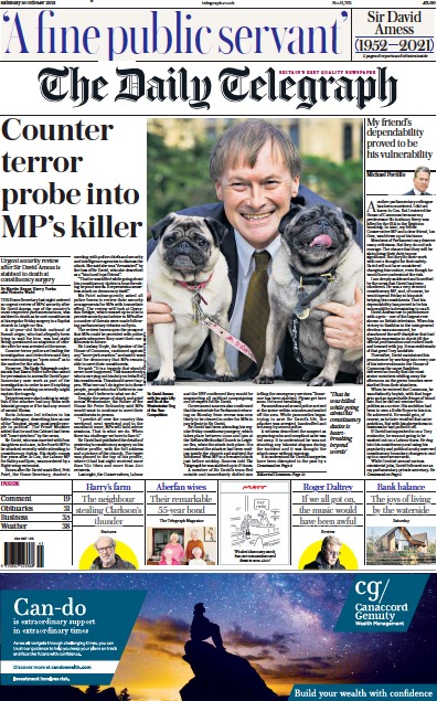 The Daily Telegraph (UK) Newspaper Front Page for 16 October 2021