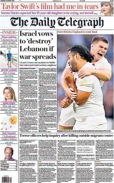 The Daily Telegraph (UK) Newspaper Front Page for 16 October 2023
