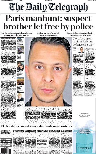 The Daily Telegraph Newspaper Front Page for 16 November 2015