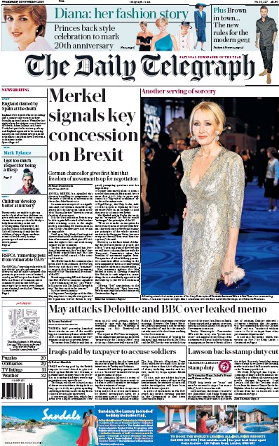 The Daily Telegraph Newspaper Front Page for 16 November 2016