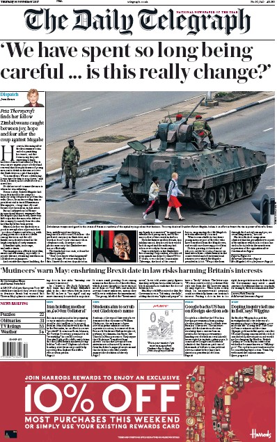 The Daily Telegraph Newspaper Front Page for 16 November 2017