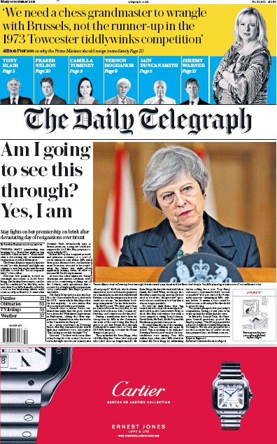 The Daily Telegraph Newspaper Front Page for 16 November 2018