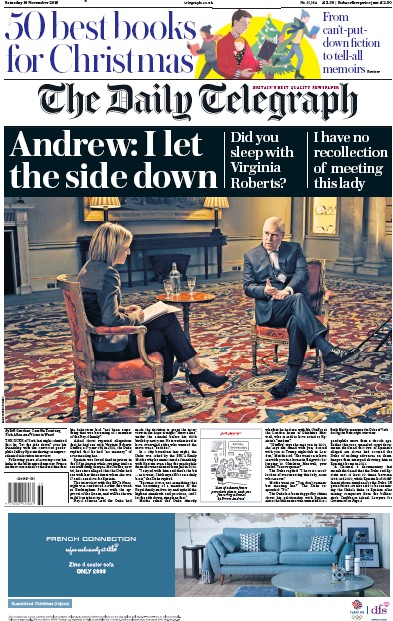 The Daily Telegraph Newspaper Front Page for 16 November 2019