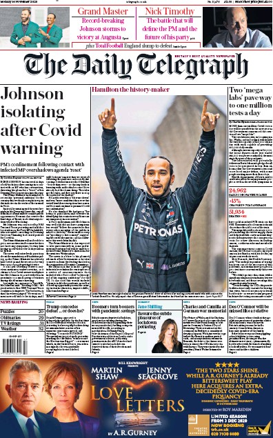 The Daily Telegraph Newspaper Front Page for 16 November 2020