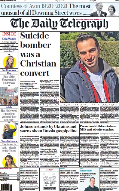 The Daily Telegraph (UK) Newspaper Front Page for 16 November 2021