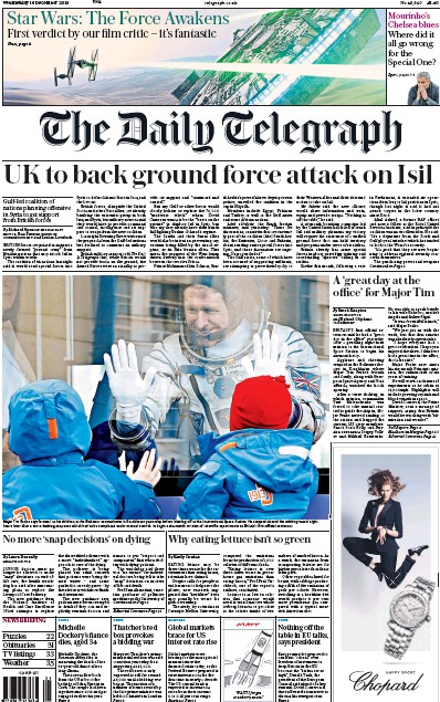The Daily Telegraph (UK) Newspaper Front Page for 16 December 2015