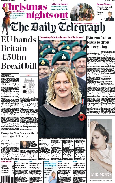 The Daily Telegraph Newspaper Front Page for 16 December 2016