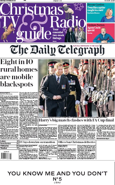 The Daily Telegraph Newspaper Front Page for 16 December 2017