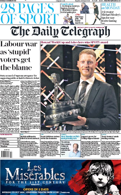 The Daily Telegraph Newspaper Front Page for 16 December 2019