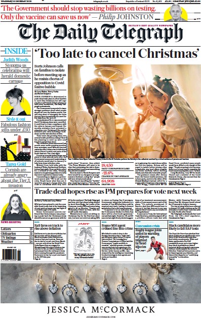 The Daily Telegraph Newspaper Front Page for 16 December 2020