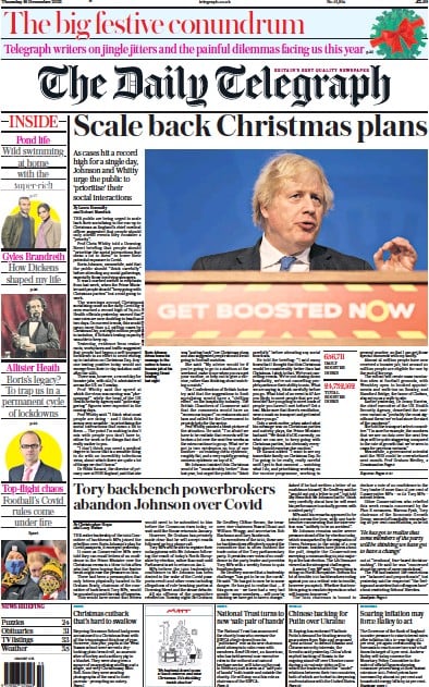 The Daily Telegraph (UK) Newspaper Front Page for 16 December 2021