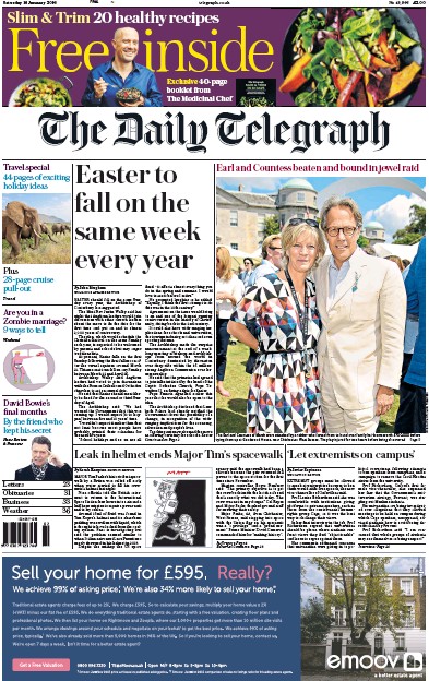 The Daily Telegraph Newspaper Front Page for 16 January 2016