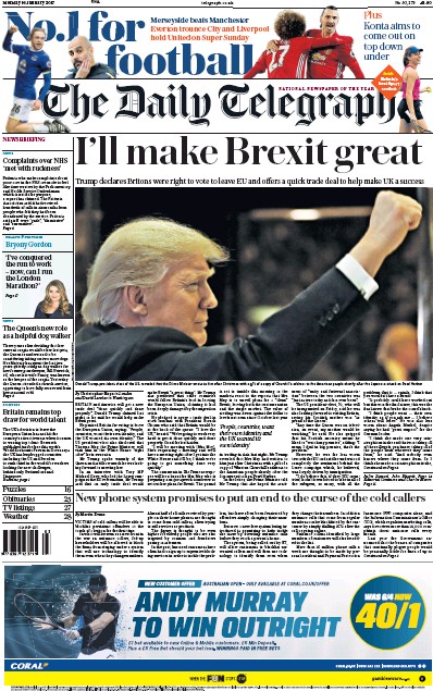 The Daily Telegraph Newspaper Front Page for 16 January 2017