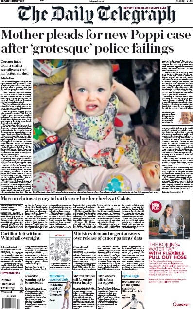 The Daily Telegraph Newspaper Front Page for 16 January 2018
