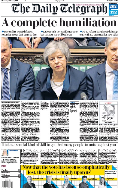 The Daily Telegraph Newspaper Front Page for 16 January 2019
