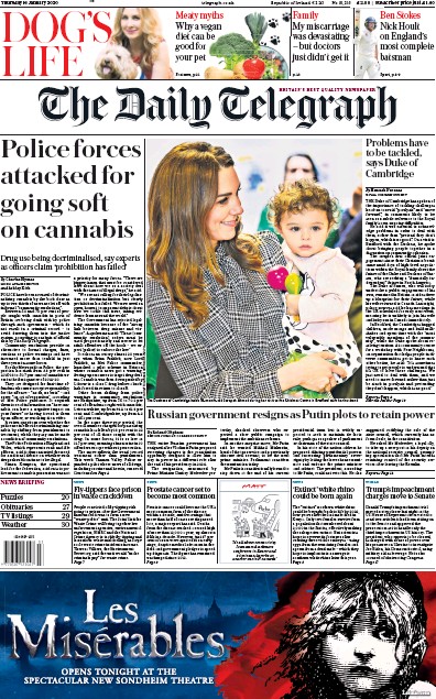 The Daily Telegraph Newspaper Front Page for 16 January 2020