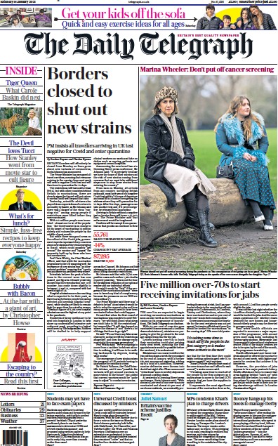 The Daily Telegraph Newspaper Front Page for 16 January 2021