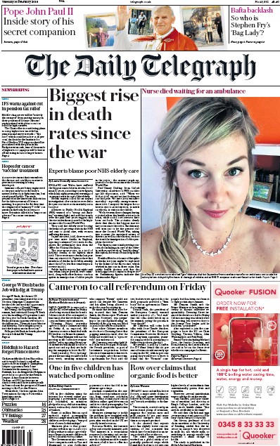 The Daily Telegraph Newspaper Front Page for 16 February 2016