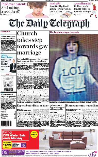 The Daily Telegraph Newspaper Front Page for 16 February 2017