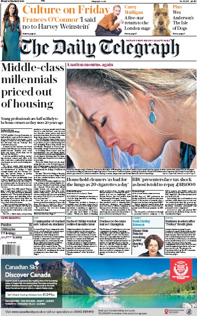 The Daily Telegraph Newspaper Front Page for 16 February 2018