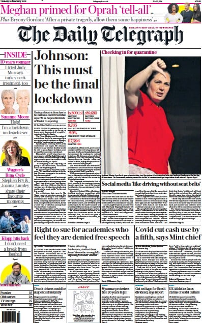 The Daily Telegraph Newspaper Front Page for 16 February 2021