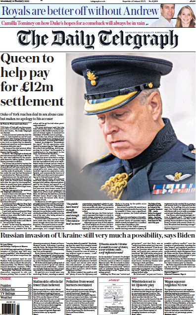The Daily Telegraph Newspaper Front Page for 16 February 2022