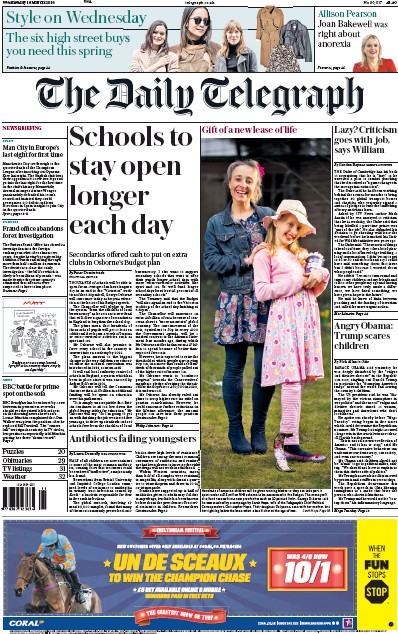 The Daily Telegraph Newspaper Front Page for 16 March 2016