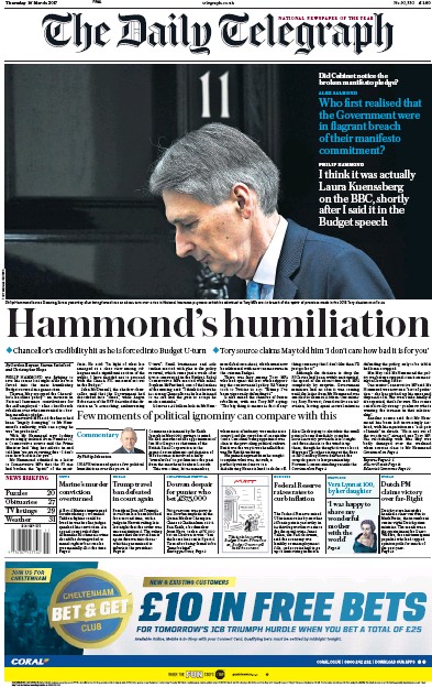 The Daily Telegraph Newspaper Front Page for 16 March 2017