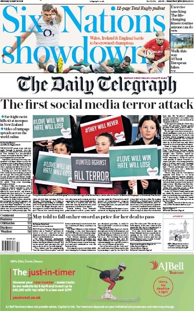 The Daily Telegraph Newspaper Front Page for 16 March 2019