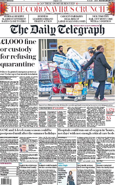 The Daily Telegraph (UK) Newspaper Front Page for 16 March 2020
