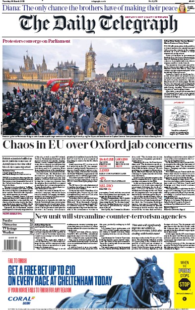The Daily Telegraph (UK) Newspaper Front Page for 16 March 2021