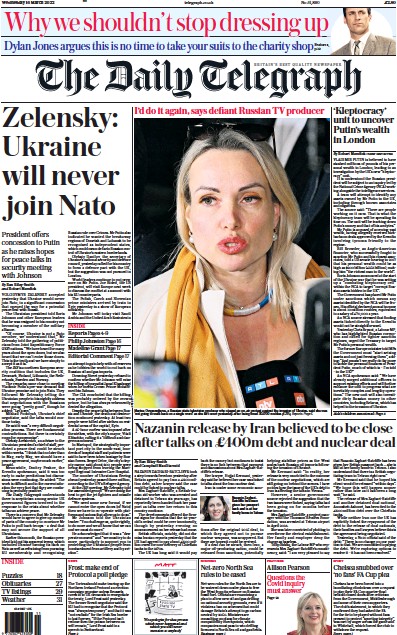 The Daily Telegraph (UK) Newspaper Front Page for 16 March 2022
