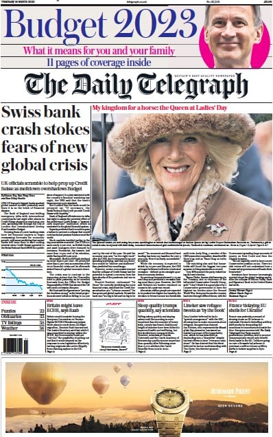 The Daily Telegraph (UK) Newspaper Front Page for 16 March 2023