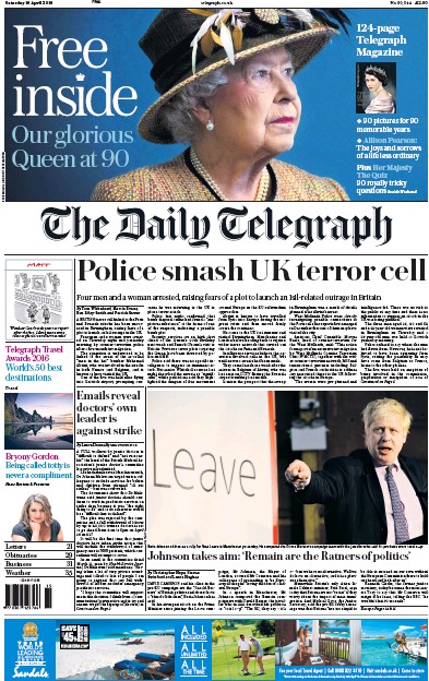The Daily Telegraph Newspaper Front Page for 16 April 2016
