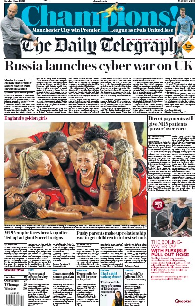 The Daily Telegraph Newspaper Front Page for 16 April 2018