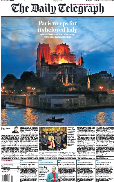 The Daily Telegraph Newspaper Front Page for 16 April 2019