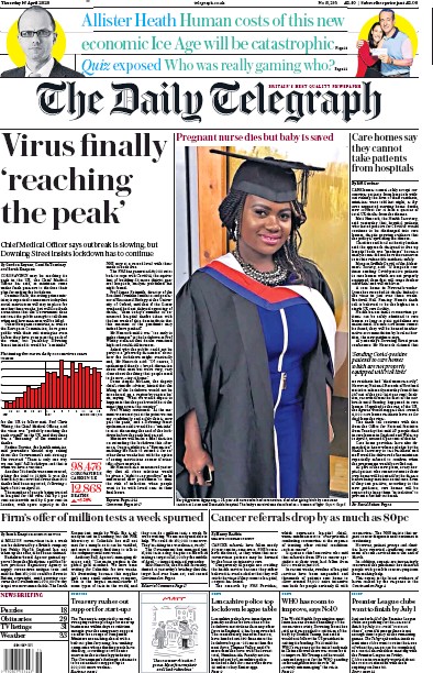 The Daily Telegraph Newspaper Front Page for 16 April 2020