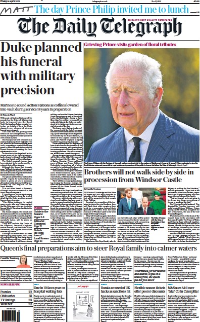 The Daily Telegraph (UK) Newspaper Front Page for 16 April 2021