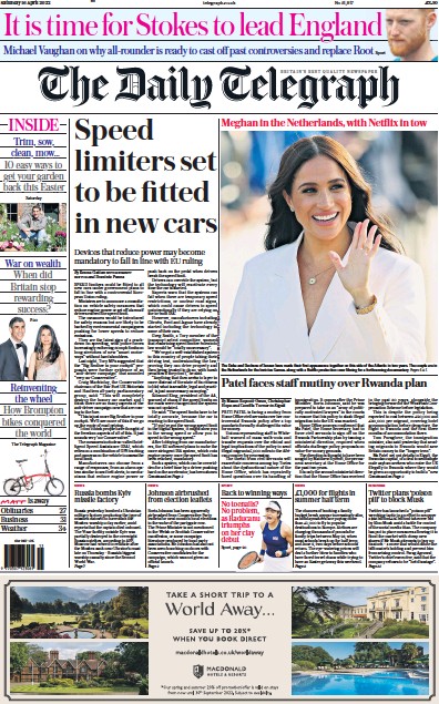 The Daily Telegraph Newspaper Front Page for 16 April 2022