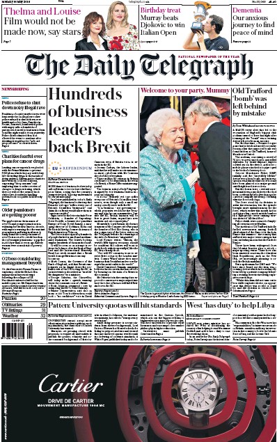The Daily Telegraph Newspaper Front Page for 16 May 2016