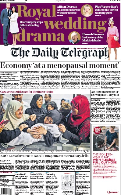 The Daily Telegraph Newspaper Front Page for 16 May 2018