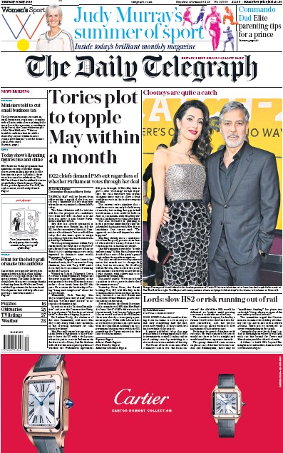 The Daily Telegraph Newspaper Front Page for 16 May 2019