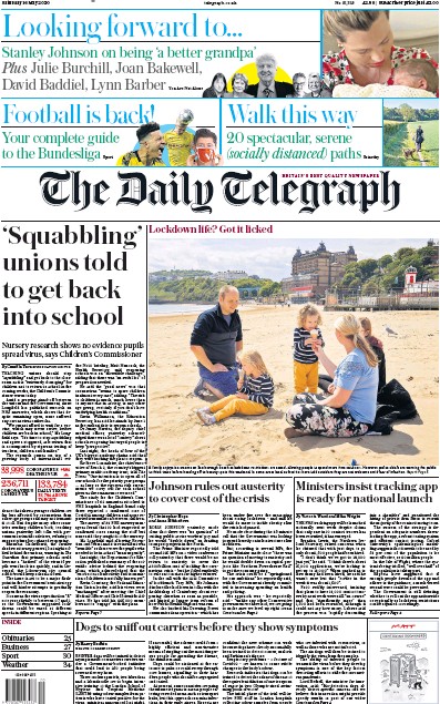 The Daily Telegraph Newspaper Front Page for 16 May 2020