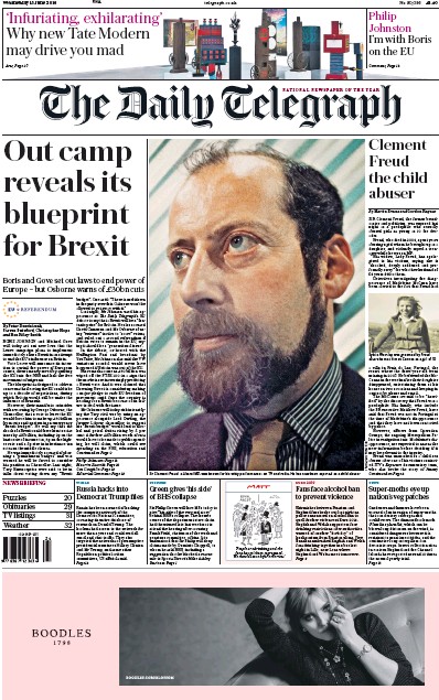 The Daily Telegraph Newspaper Front Page for 16 June 2016