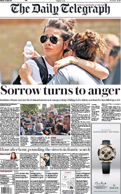 The Daily Telegraph Newspaper Front Page for 16 June 2017